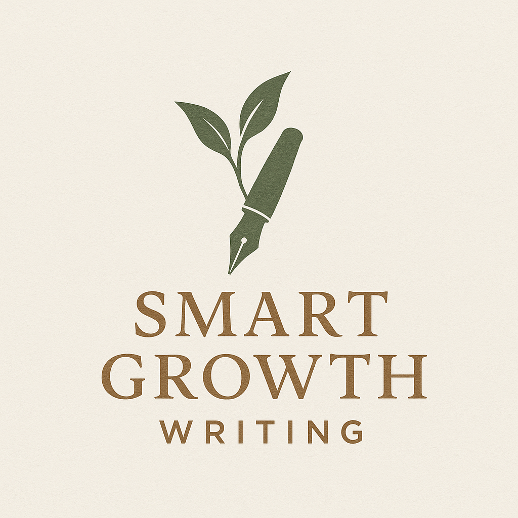 Smart Growth Writing logo with pen and leaves